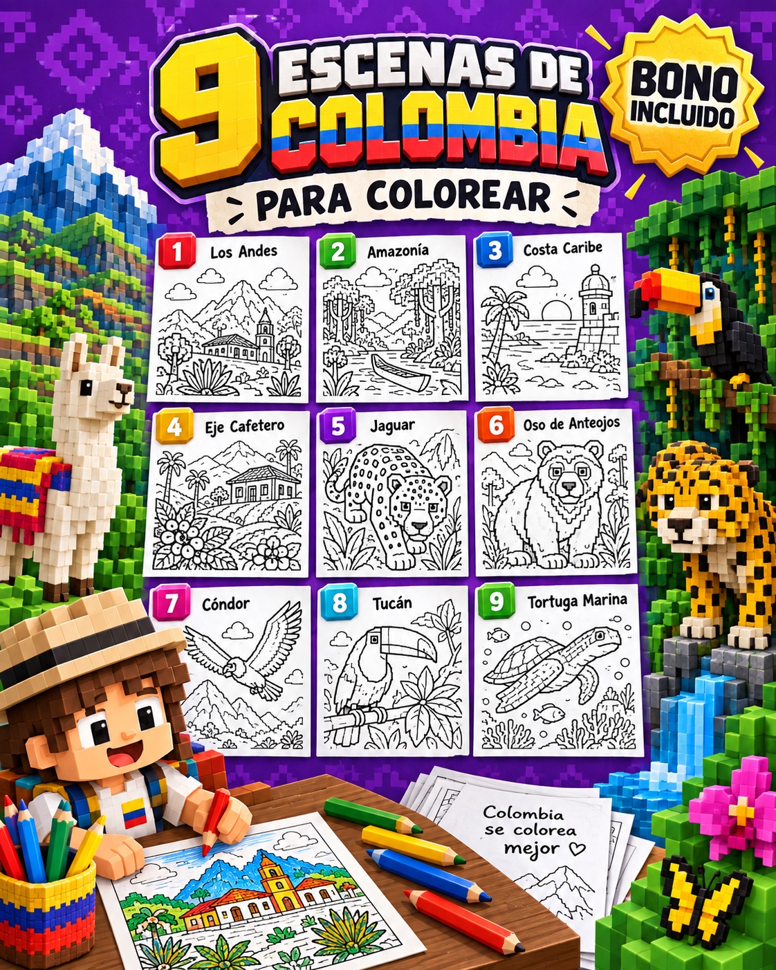 Nueve escenas colombianas para colorear con paisajes y animales