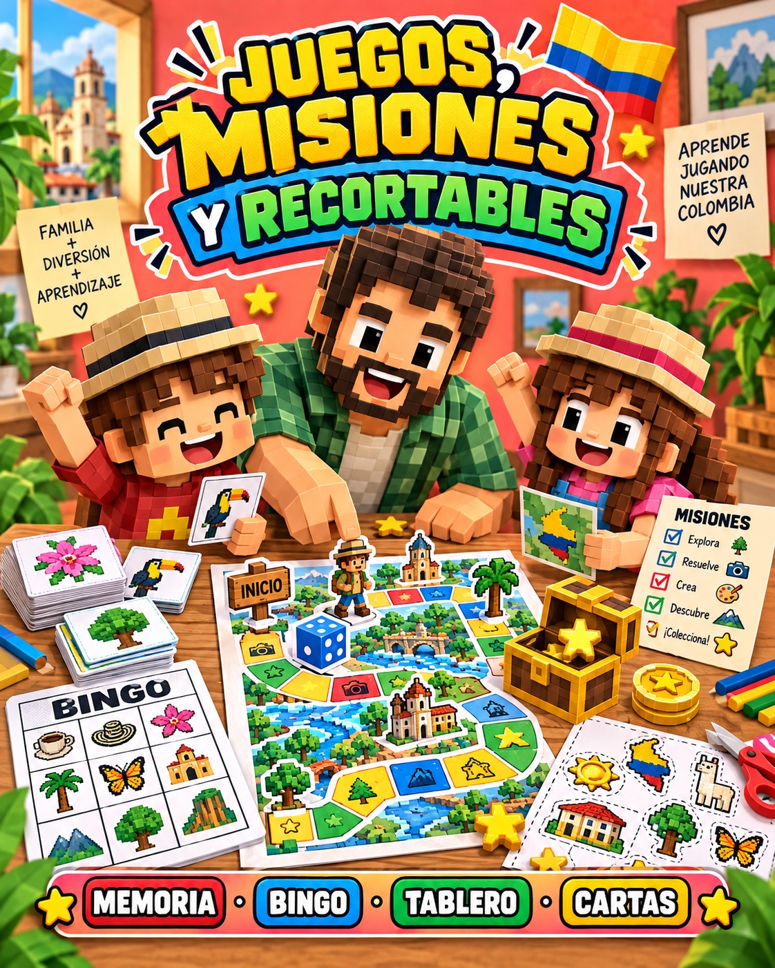 Familia colombiana juega con tablero, bingo, memoria, cartas y recortables