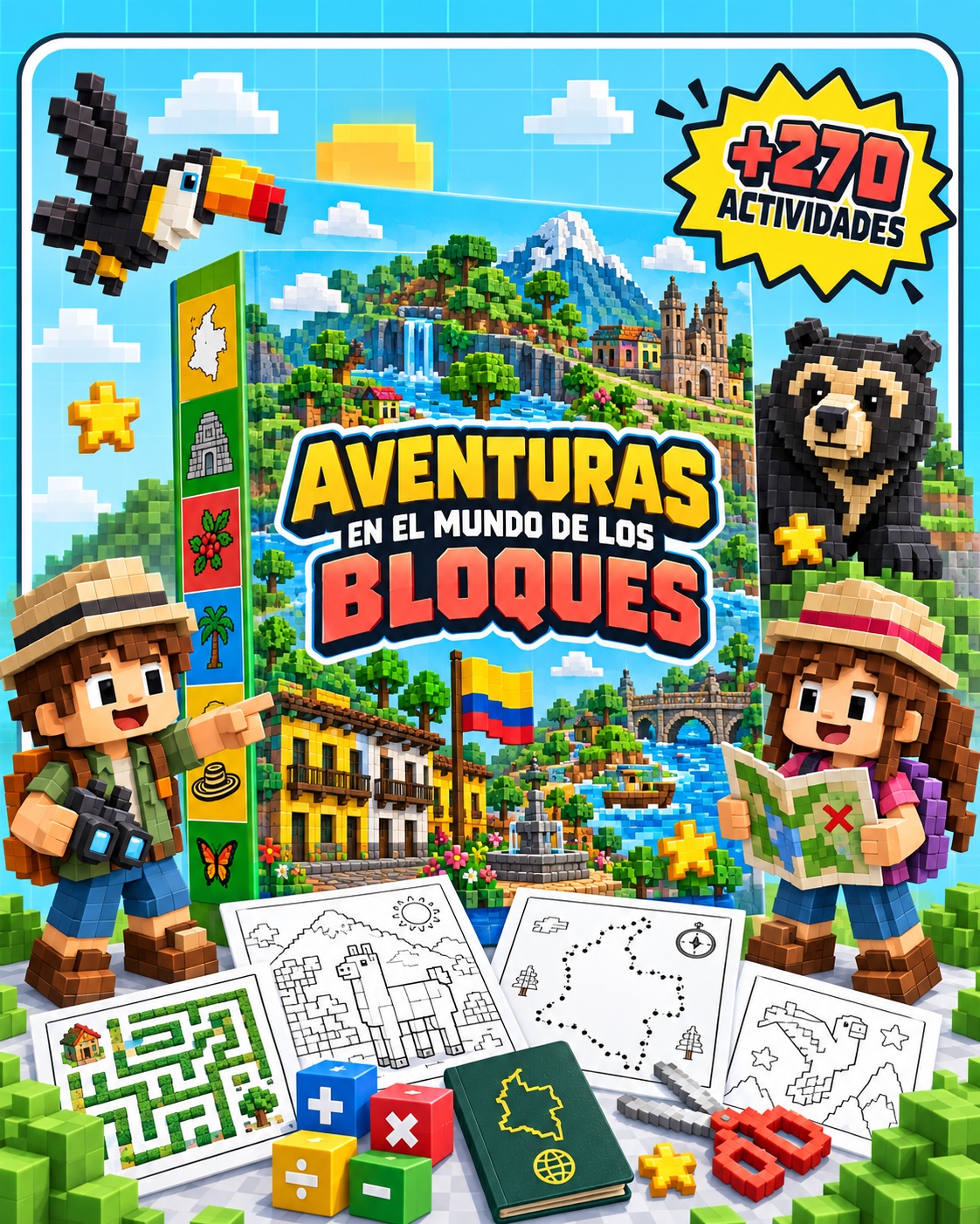 Aventuras imprimibles con niños y animales en un mundo colombiano de bloques 3D