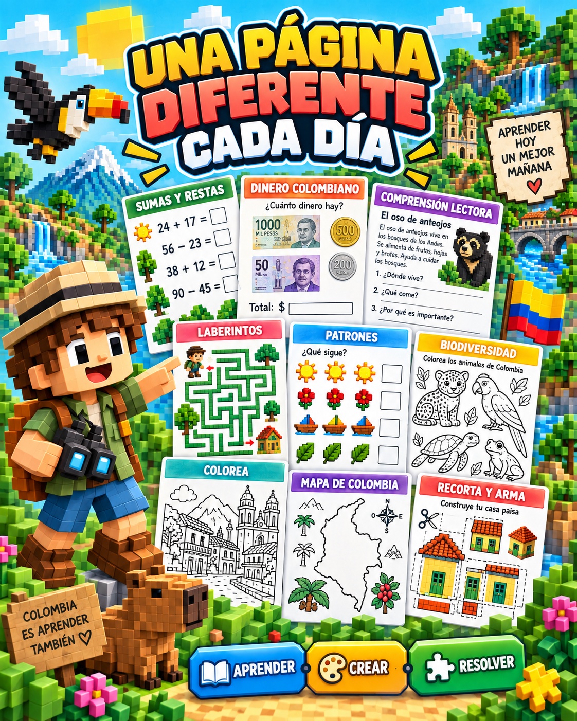 Muestra de páginas imprimibles de matemáticas, lectura, dinero colombiano, lógica, biodiversidad y recortables