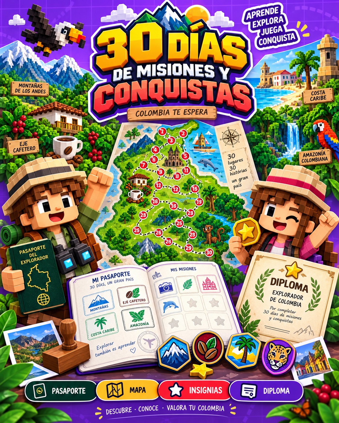 Pasaporte de explorador con mapa de Colombia, treinta misiones, insignias y diploma