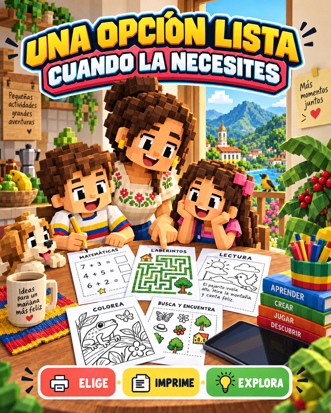Madre colombiana y sus hijos eligen actividades impresas mientras dejan la tableta a un lado