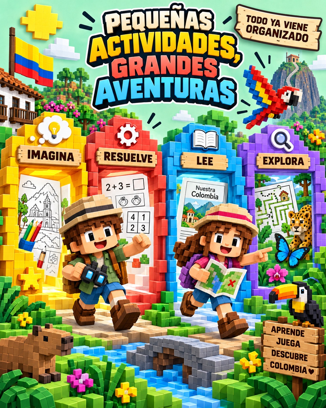Niños atraviesan portales de imaginación, lectura, lógica y exploración en un mundo de bloques